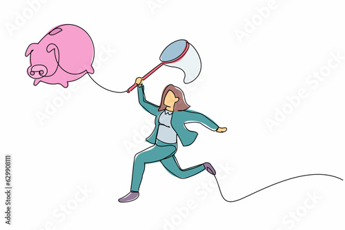 Continuous one line drawing businesswoman try to catching flying piggy bank with butterfly net. Loss job. No income. Savings lost due to dismissal. Single line draw design vector graphic illustration