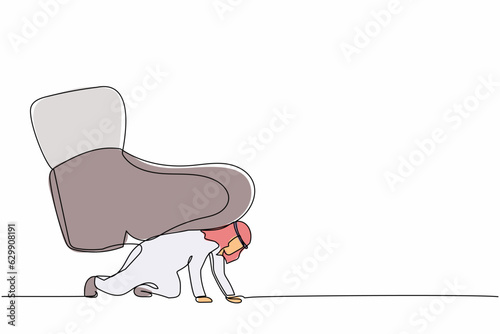 Single one line drawing young Arab businesswoman under giant foot stomping. Violence of dictator toward tiny woman, big shoes crush business people. Continuous line design graphic vector illustration