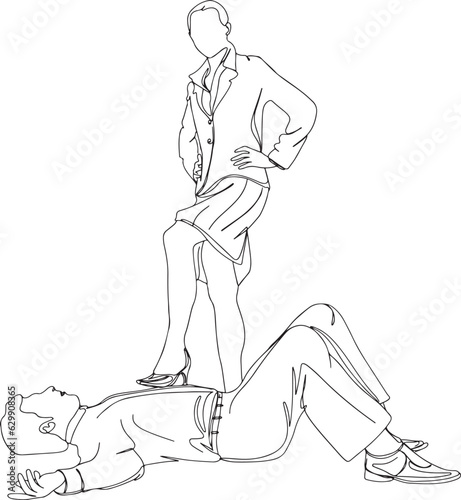 one line continuous sketch drawing cartoon illustration of Angry business woman insulting her employee lying on the ground by putting her foot on his chest