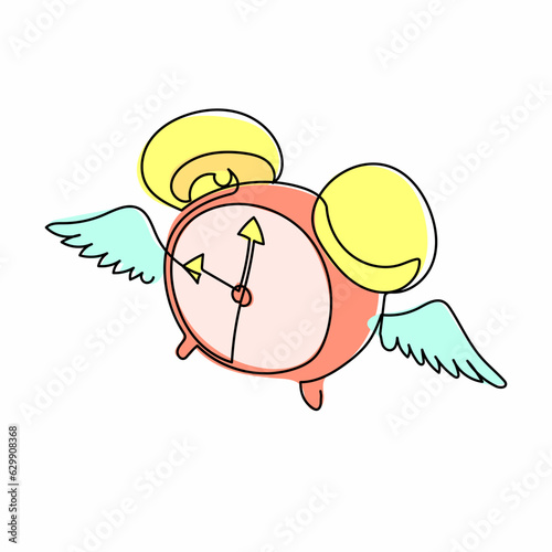Continuous one line drawing flying alarm clock with wings. Alarm clock with wing flying in the sky. Time flies, everything seems evanescent concept. Single line draw design vector graphic illustration