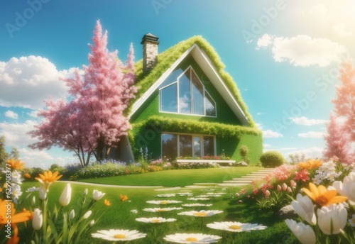 Abstract spring home in nature background with fresh grass and flowers against sunny sky