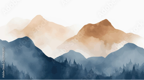 Landscape hills abstract art watercolor painting background with birds flying on mountains range, Vector landscape paintings banner for decoration design, wallpaper, illustration, fabric