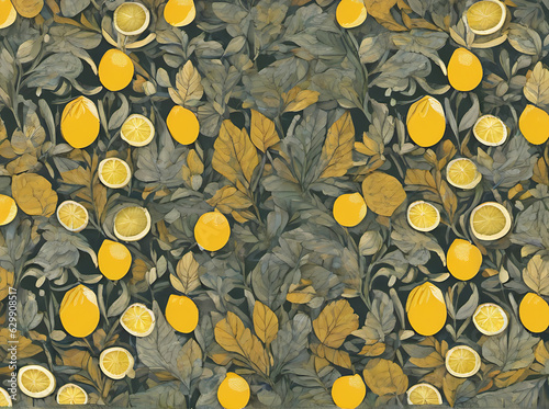 Floral autumn background with lemons leaves papercut.