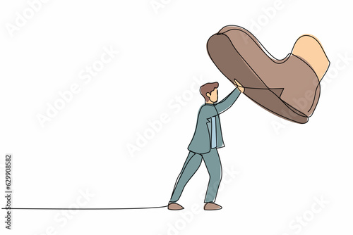Single one line drawing young businessman against giant shoes stomping. Male manager push against giant foot step. Minimal metaphor concept. Modern continuous line design graphic vector illustration