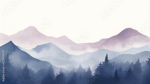 Landscape hills abstract art watercolor painting background with birds flying on mountains range, Vector landscape paintings banner for decoration design, wallpaper, illustration, fabric
