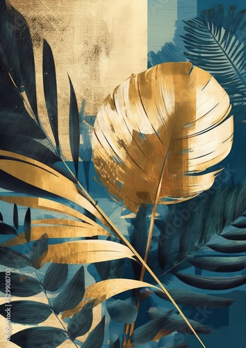 Poster canvas with graceful leaves and flowers in shades of light gold and dark azure by Generative AI