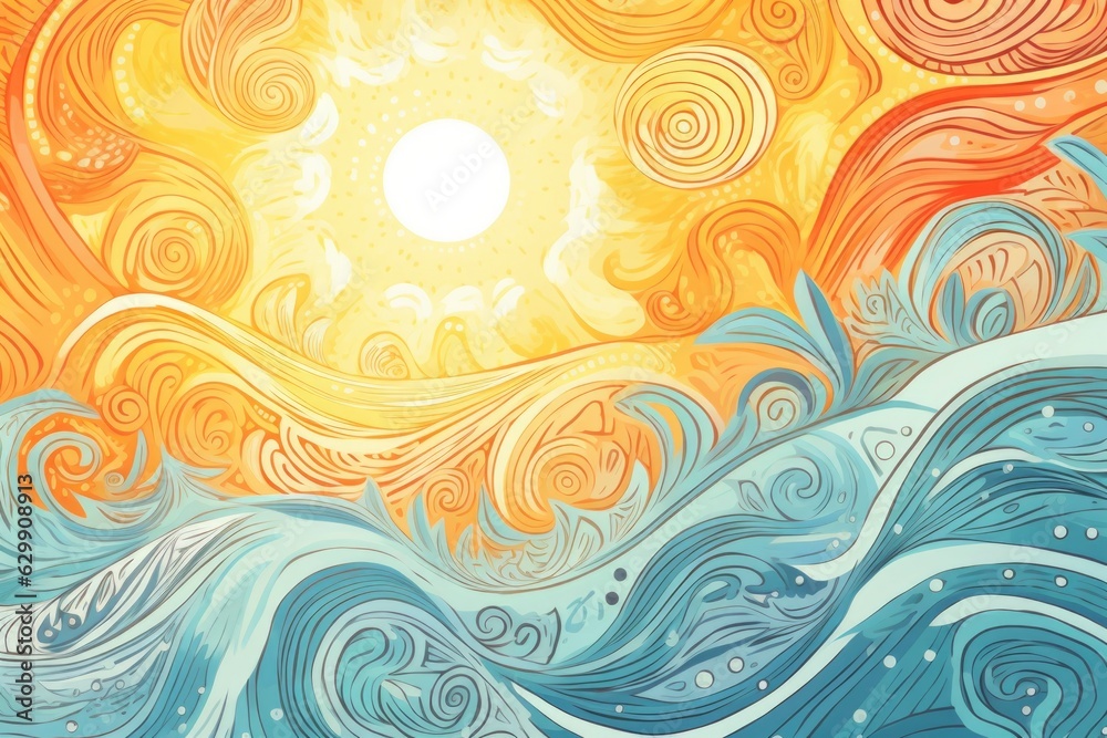 Sunset landscape boho 70's style retro graphic design, blue water ocean waves with abstract vintage art illustration, orange sun color gradient, card, poster, sticker design, simple nature element Sunset landscape boho 70's style retro graphic design, blue water ocean waves with abstract vintage art illustration, orange sun color gradient, card, poster, sticker design, simple nature element
