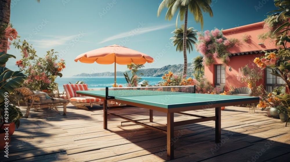 ping pong table tennis in a tropical sunny beach setting