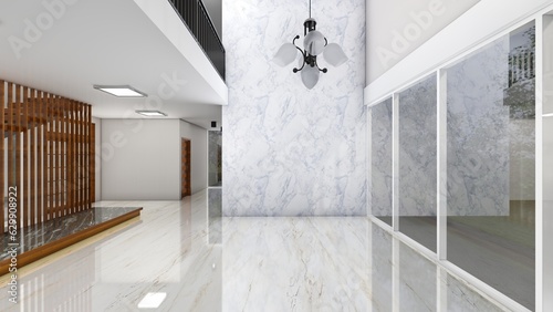 Modern style luxury white empty room with chandelier and garden and gray marble walls and floor. 3d rendering