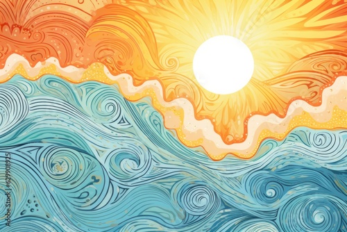 Sunset landscape boho 70's style retro graphic design, blue water ocean waves with abstract vintage art illustration, orange sun color gradient, card, poster, sticker design, simple nature element