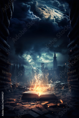 An illustration of a surrealistic magical scene with a glowing open book and dramatic sky.