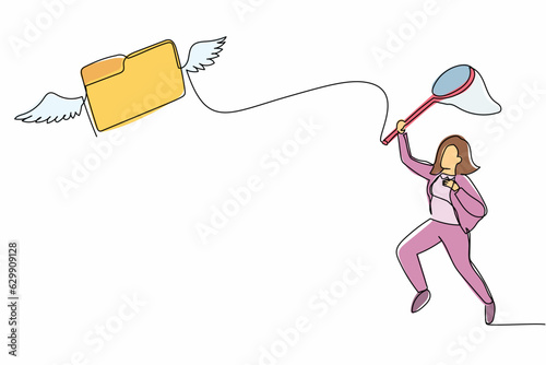 Single continuous line drawing businesswoman try to catching flying folder with butterfly net. Leakage of documents and storage data. Missing archive file. One line graphic design vector illustration