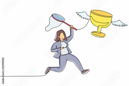 Single one line drawing businesswoman try to catching flying trophy with butterfly net. Lost victory. Failed the match. Making stupid blunder. Continuous line draw design graphic vector illustration