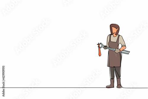 Continuous one line drawing female blacksmith wearing apron standing holding hot blade forged with pliers and tongs. Medieval blacksmith making swords. Single line design vector graphic illustration photo