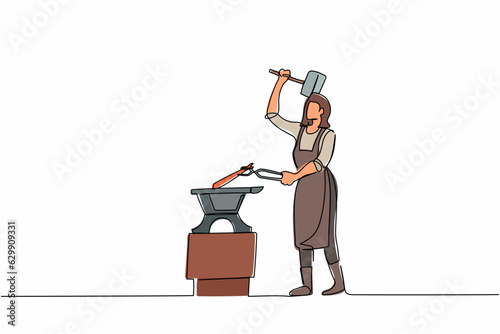 Single continuous line drawing active female blacksmith in apron forging blade on anvil. Woman metal worker with hammer and anvil create small sword. One line draw graphic design vector illustration