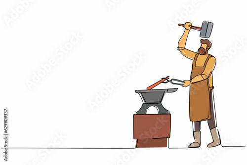 Continuous one line drawing bearded blacksmith in apron forging blade on the anvil. Smith working with hammer and anvil. Historical, fairytale craftsman. Single line design vector graphic illustration