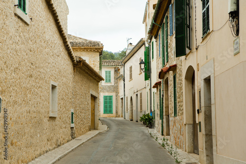 View of a medieval street of the picturesque Spanish-style village Mancor de la Vall in Majorca or Mallorca island  Spain.