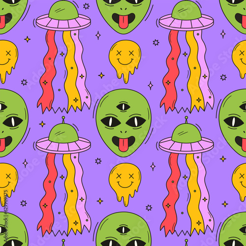 Psychedelic seamless pattern with trippy alien ufo. Groovy unidentified flying object background. 70s and 80s style funky texture. Abstract acid art