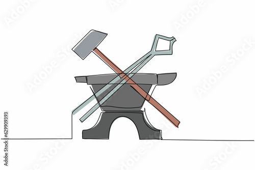 Continuous one line drawing blacksmiths tools icon. Crossed hammer, pliers, anvil. Craft and metalwork concept for emblems or labels templates. Single line draw design vector graphic illustration