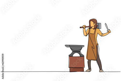 Single one line drawing female blacksmith standing in front of anvil wearing apron carrying sledgehammer and holding completed forged small sword. Continuous line design graphic vector illustration