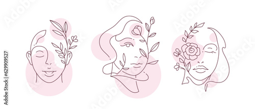 Abstract woman portrait flower hair pink pastel spot continuous line art logo set vector © provectors