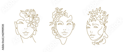 Romantic floral woman portrait botanical blossom design continuous line art logo set vector