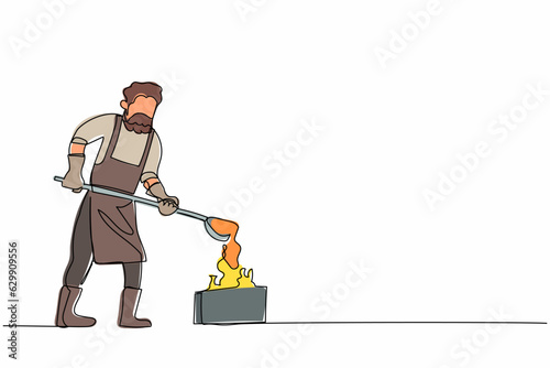 Single continuous line drawing blacksmith casting mold metal wearing protective uniform. Anvil worker male producing steel craft in metalwork workshop. One line draw graphic design vector illustration