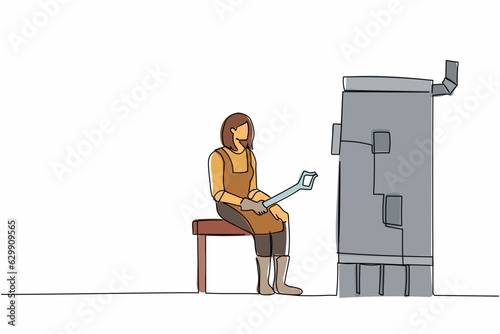 Single one line drawing female blacksmith sitting in workshop, wearing apron and holding tongs, working hard to maintaining furnace hot fire. Modern continuous line design graphic vector illustration
