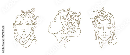 Elegant gentle woman with flowers portrait aesthetic continuous line art logo set vector
