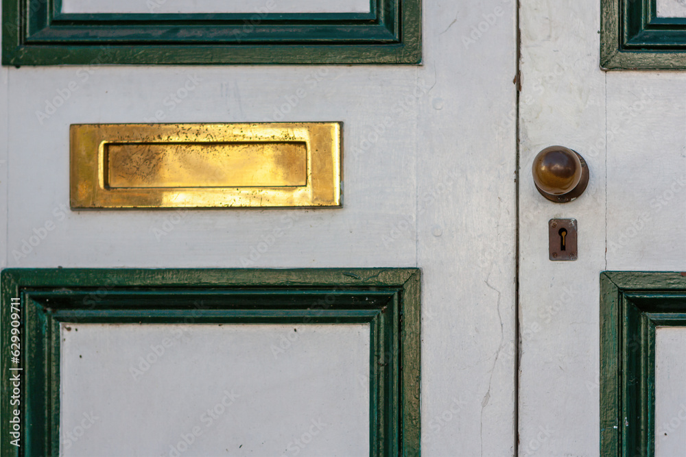 Shiny brass mail slot in a whote and green door with brass knob and lock