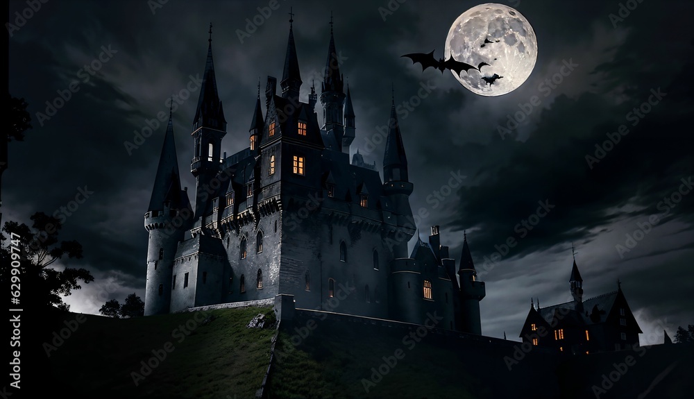 Frightening Halloween Castle with Bats on Full Moon ai generated