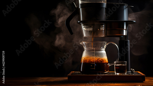 Fotografia A drip coffee maker on wooden table and dark background, Generative AI