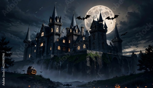 Frightening Halloween Castle with Bats on Full Moon ai generated