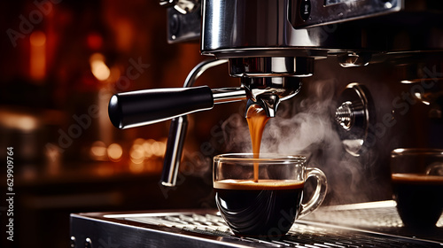 Espresso machine pours fresh black coffee in a cup, close-up Generative AI