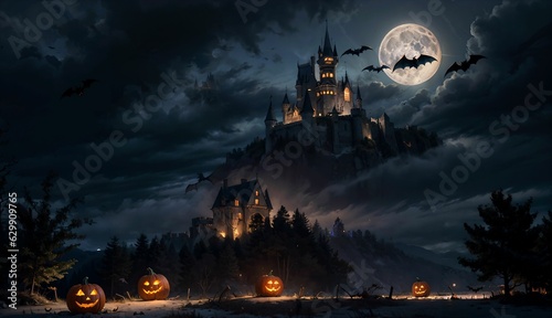 Frightening Halloween Castle with Bats on Full Moon ai generated © slumart