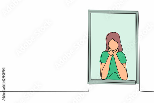 Continuous one line drawing sad woman sitting near the window with support the chin. Pandemic impact in business, economic recession, market crash. Single line draw design vector graphic illustration