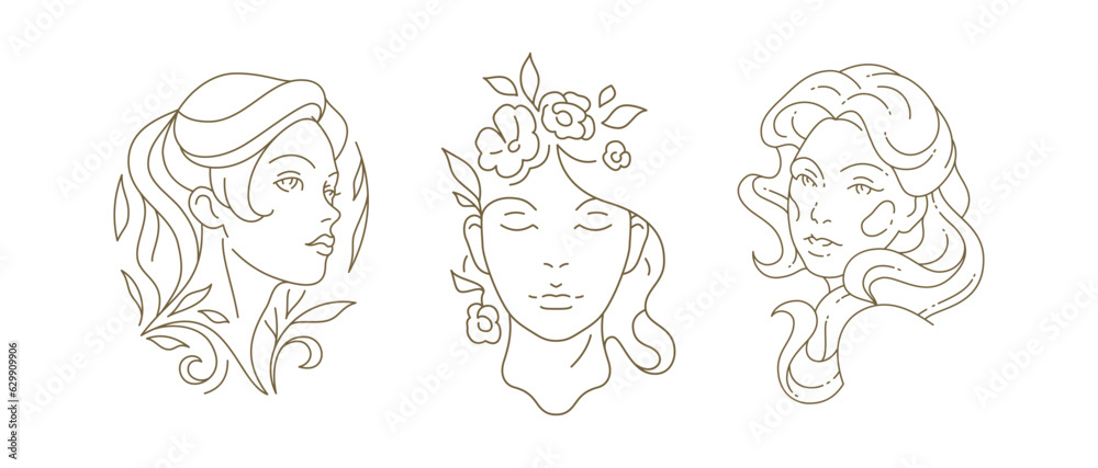 Gentle beautiful woman portrait with long hair flowers blossom branch line art logo set vector Gentle beautiful woman portrait with long hair flowers blossom branch line art logo set vector