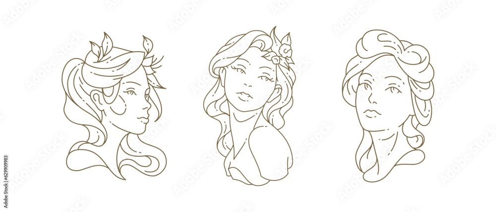 Elegant woman with flower portrait antique goddess bust statue line art logo set vector illustration