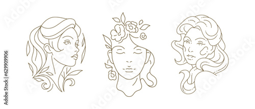 Gentle beautiful woman portrait with long hair flowers blossom branch line art logo set vector