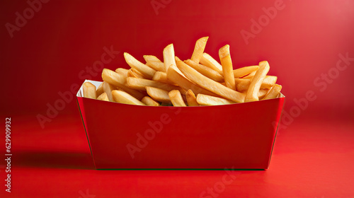 delicious golden french fries in a cardboard tray. unhealthy fast food eating concept Generative AI