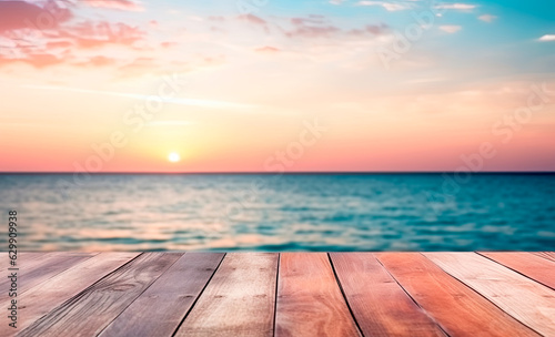 Empty wooden table for product display and product advertising with blurred sunset ocean background © IonelV