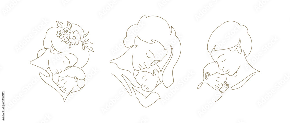 Gentle young mother hugging little baby son daughter with love continuous line art logo set vector