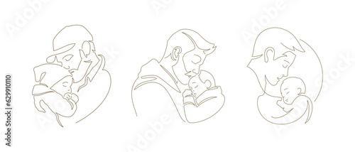 Happy family caring father hug kiss son baby newborn boy continuous line art logo set vector