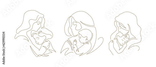 Attractive mother embracing little baby child love tenderness continuous line art logo set vector