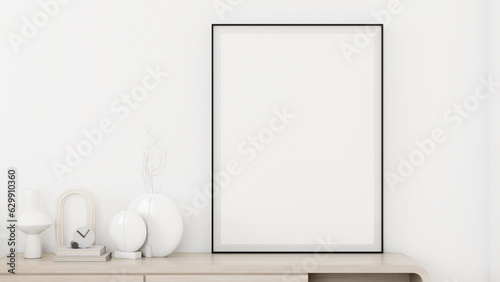 Modern living room features white wall, statue, and mockup poster picture frame. Simple design is perfect for showcasing artwork. modern minimalist style. 3D render