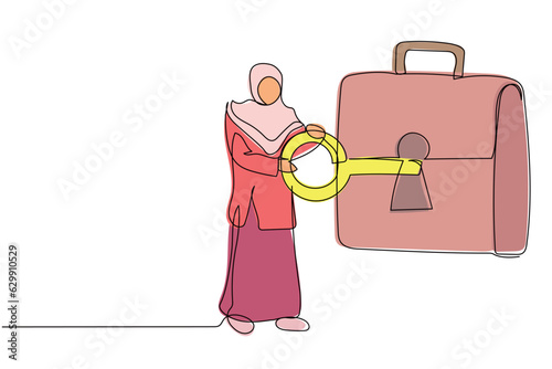 Continuous one line drawing Arabian businesswoman putting key into briefcase. Safety bag for secret document. Invest portfolio, securities, stock market. Single line draw design vector illustration