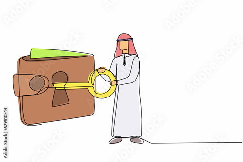 Single one line drawing Arab businessman putting big key into wallet. Personal money protection financial security. Unlock digital purse for shopping. Continuous line draw design vector illustration