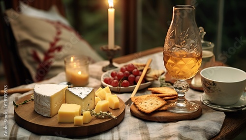 Decorated empty dining table with cheese plate, honey, and glass of drink