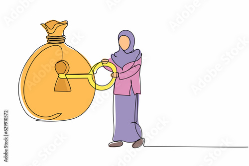 Continuous one line drawing Arabian businesswoman put key into money bag. Unlock business wealth. Safe haven for investment manager to manage money. Single line draw design vector graphic illustration