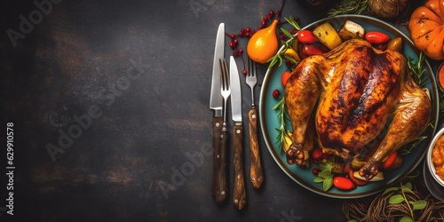 Delicious roasted whole chicken or turkey on plate with cutlery and sauce